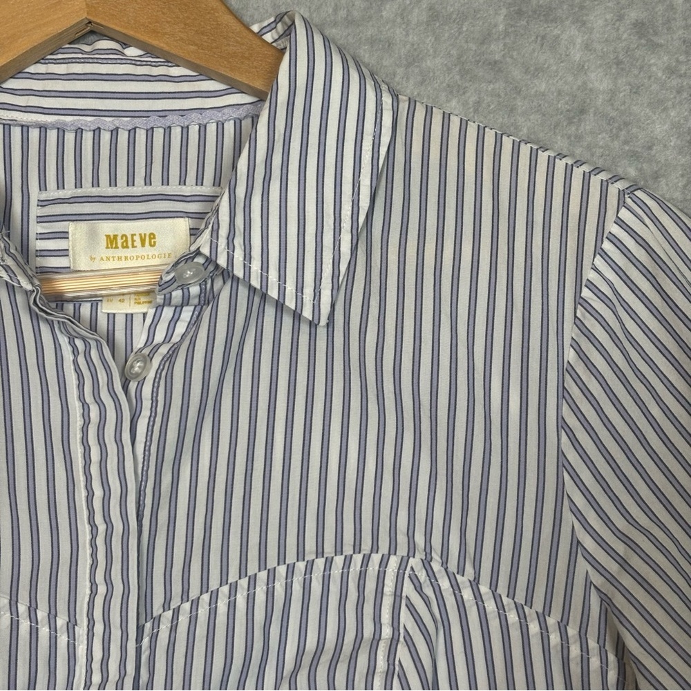 Anthropologie Maeve Striped Long Sleeve Button Up Top-Blue/White-Women Size 10